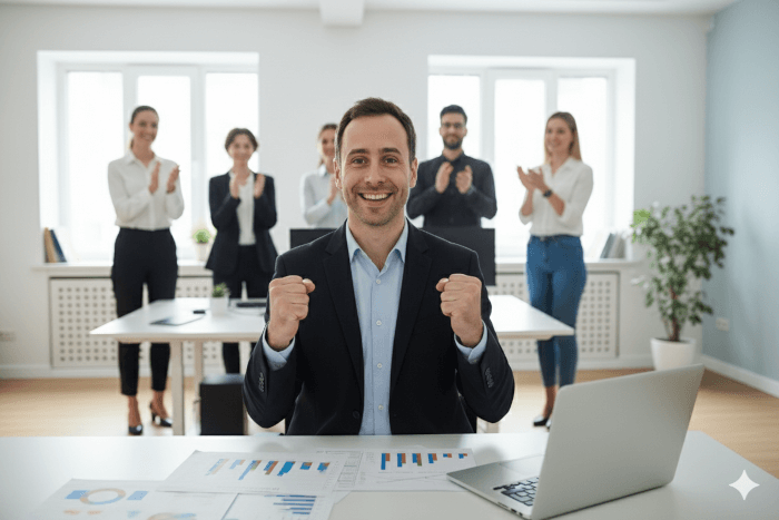 Empresário vencedor sendo aplaudido-700px-tiny