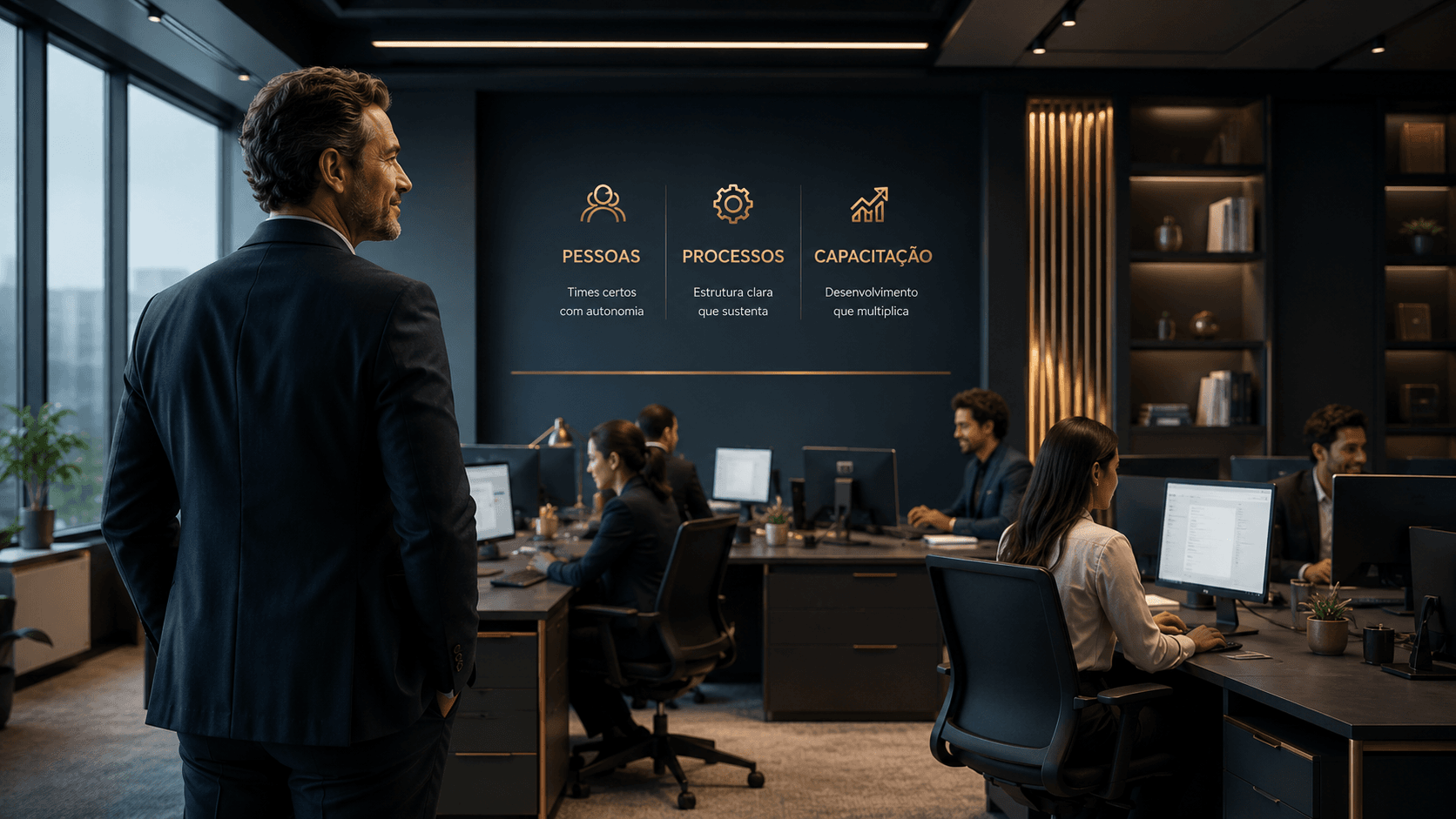 Empresário olhando o time trabalhar com autonomia